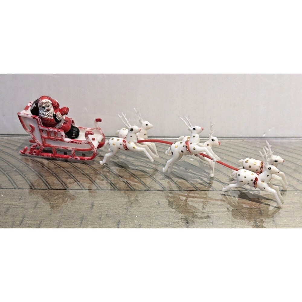 Vintage Mini Plastic Christmas Santa Sleigh and Reindeer 1960's holiday